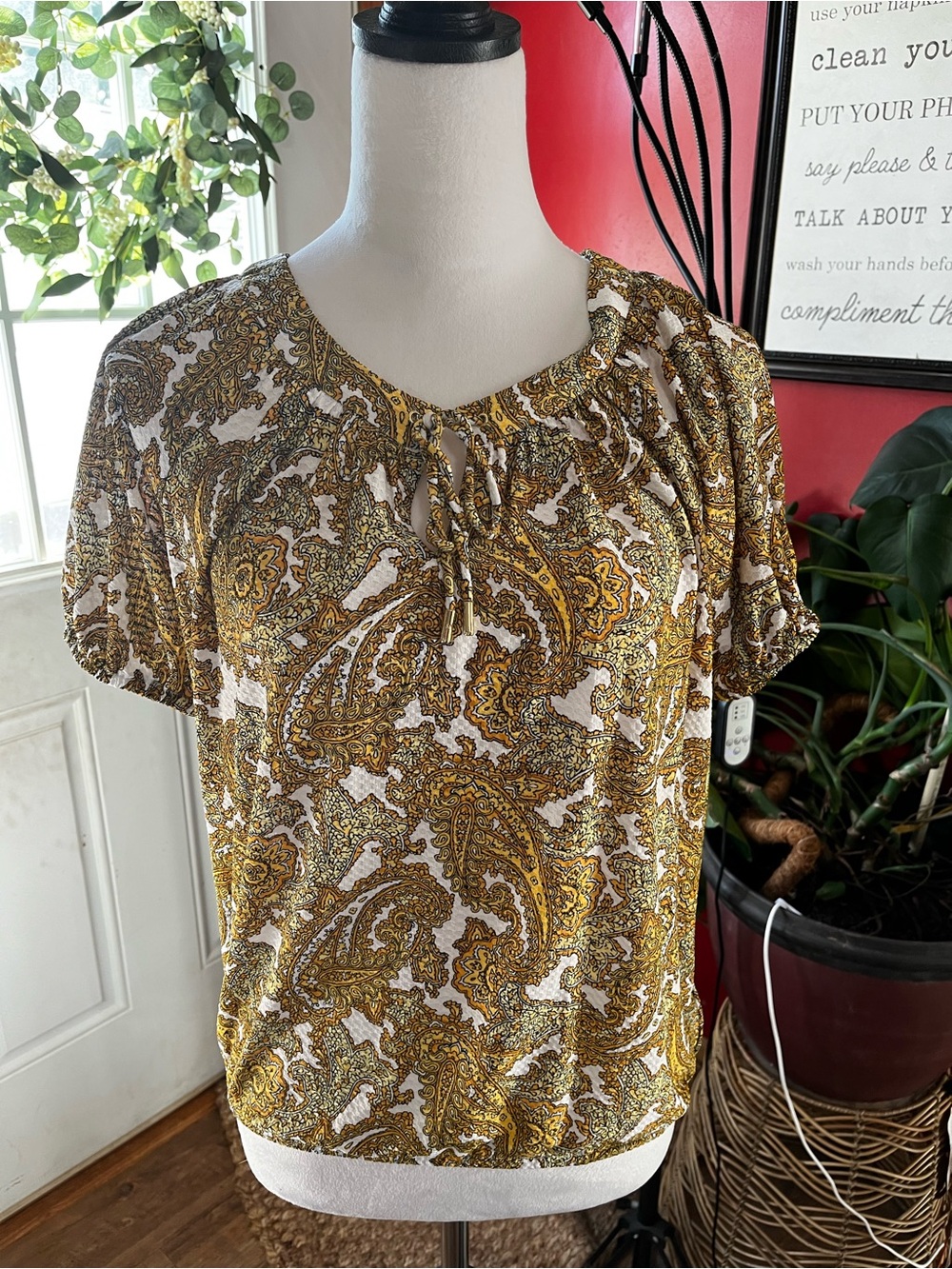 Michael Kors Mustard and White Paisley Tie-Neck Short Sleeve Blouse